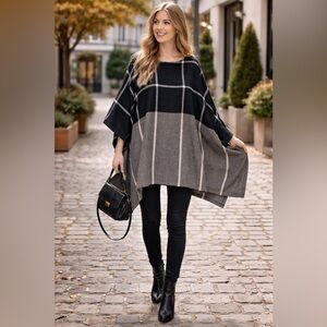A New Day Women's Black Gray Plaid Woven Oversized Cozycore Poncho Sweater OSFM